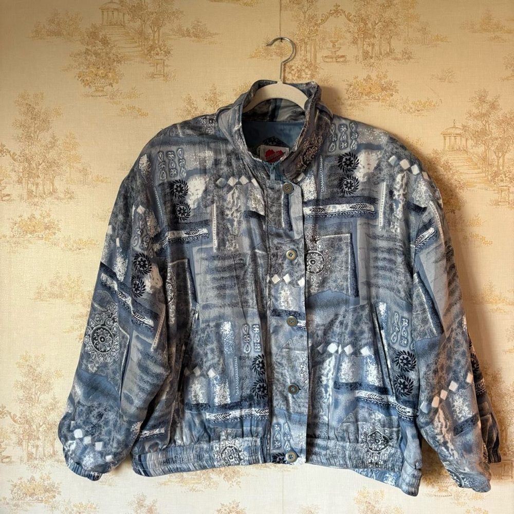 Vintage 80s blue and white abstract boho print Keren Hart 100% silk jacket